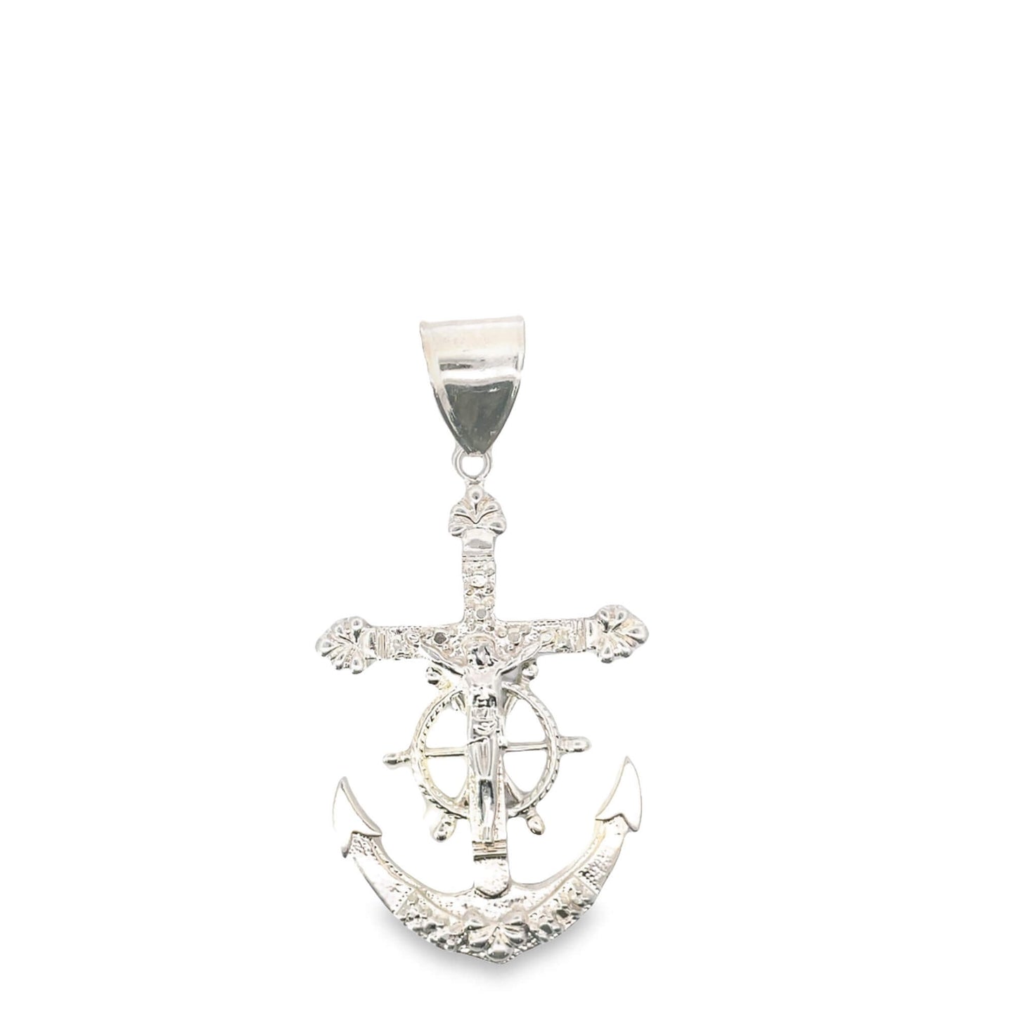 A shiny silver Mariner's Cross pendant hangs vertically against a clean white background, showcasing a detailed crucifix combined with an anchor and ship wheel.