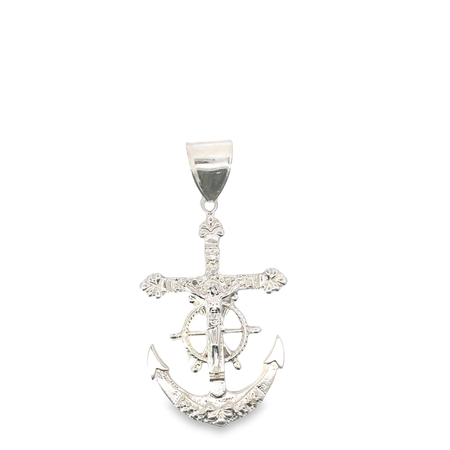 A shiny silver Mariner's Cross pendant hangs vertically against a clean white background, showcasing a detailed crucifix combined with an anchor and ship wheel.