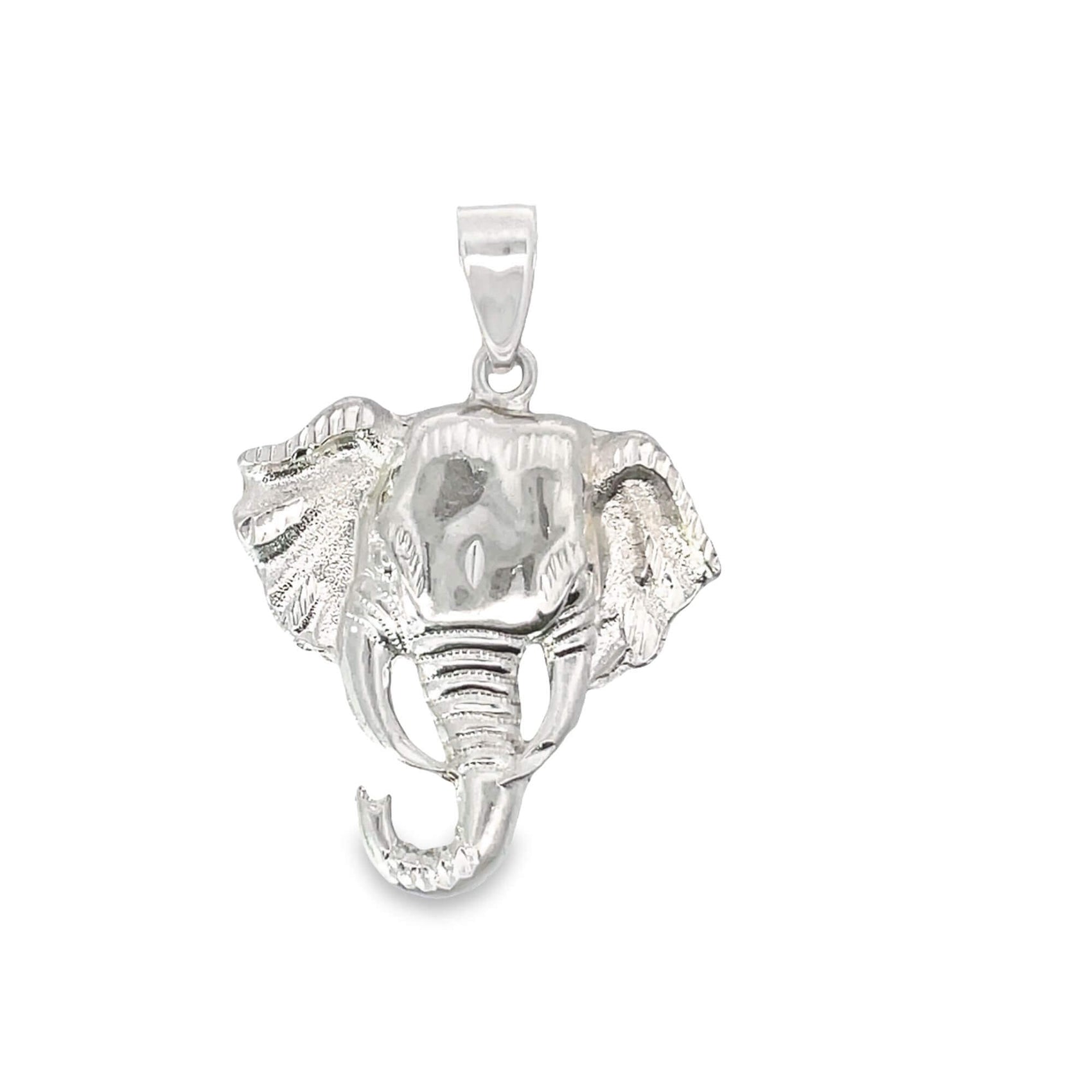A detailed sterling silver elephant head pendant hangs against a clean white background.