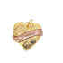 A gold heart-shaped locket features ornate engraving and a rose gold banner with the words "Je t&