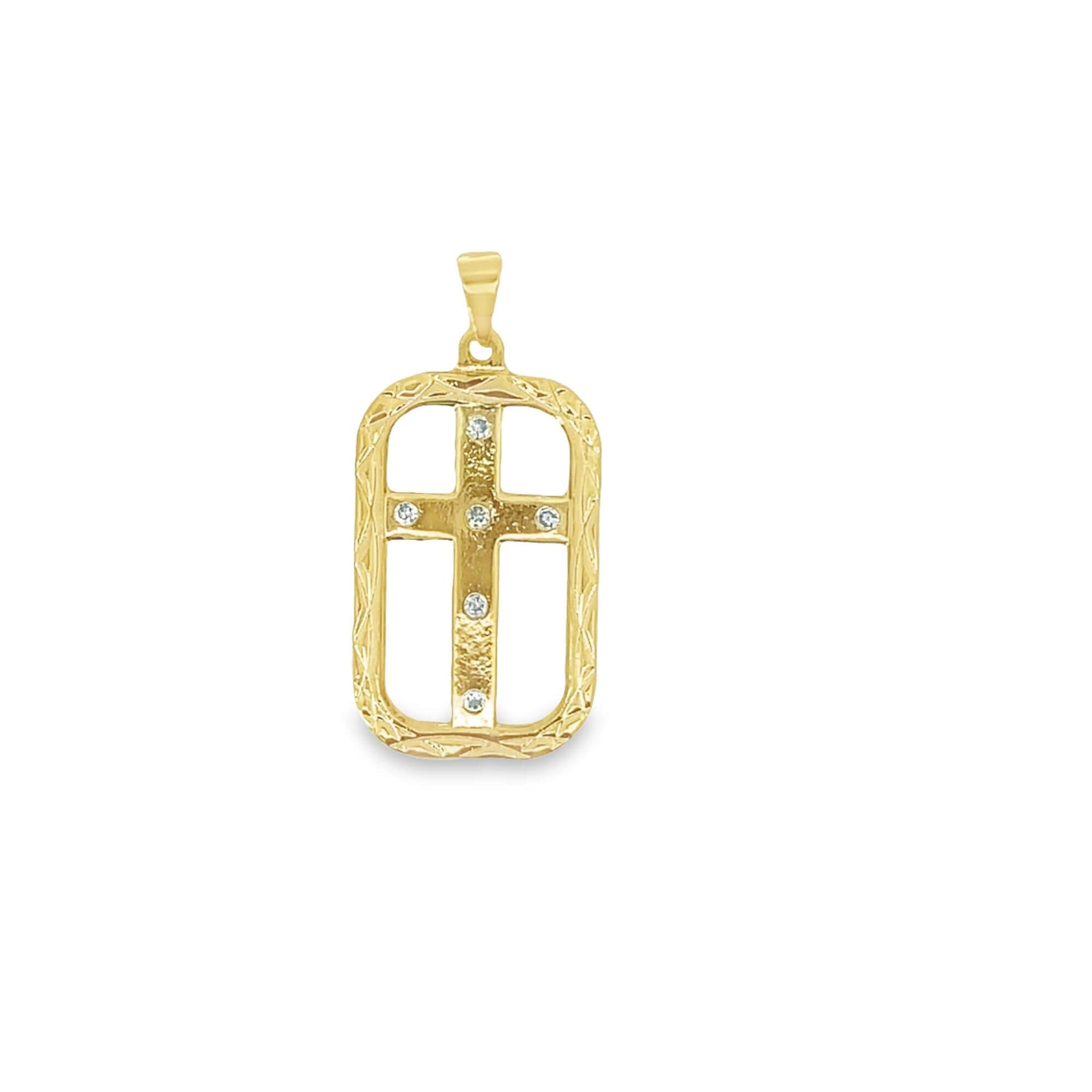 A gold cross pendant, accented with sparkling diamonds, is framed inside an ornate rectangular dog tag against a clean white background.