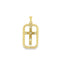 A gold cross pendant, accented with sparkling diamonds, is framed inside an ornate rectangular dog tag against a clean white background.