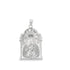 A polished sterling silver religious pendant displays an intricate, arched frame featuring an embossed image of the Virgin Mary and child surrounded by radiating sunburst details.