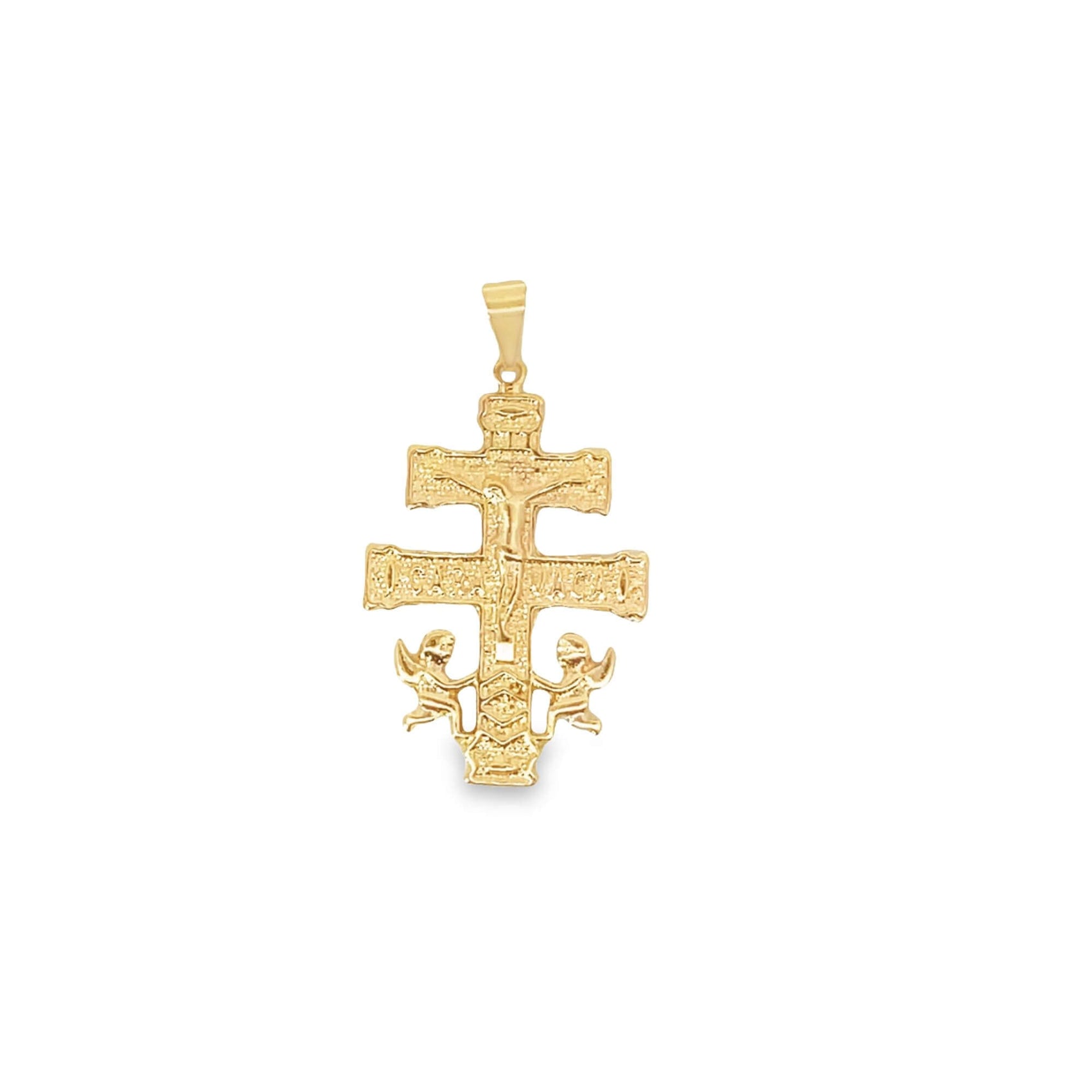 A gold Eastern Orthodox cross pendant features detailed engravings of Jesus and two angels.