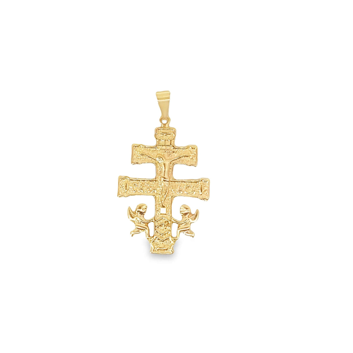 A gold Eastern Orthodox cross pendant features detailed engravings of Jesus and two angels.