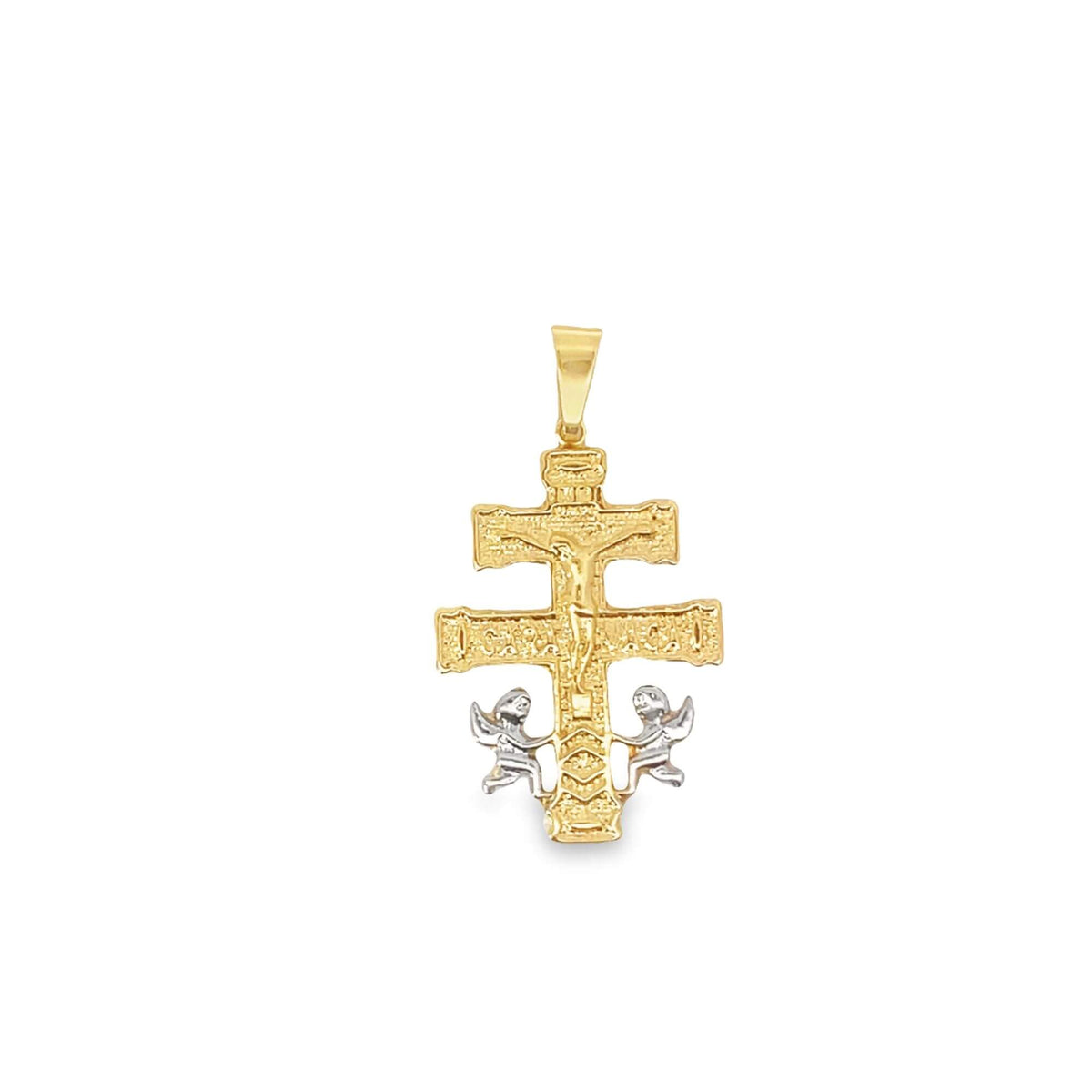 A yellow and white gold Eastern Orthodox crucifix pendant features the figure of Jesus and two angels.