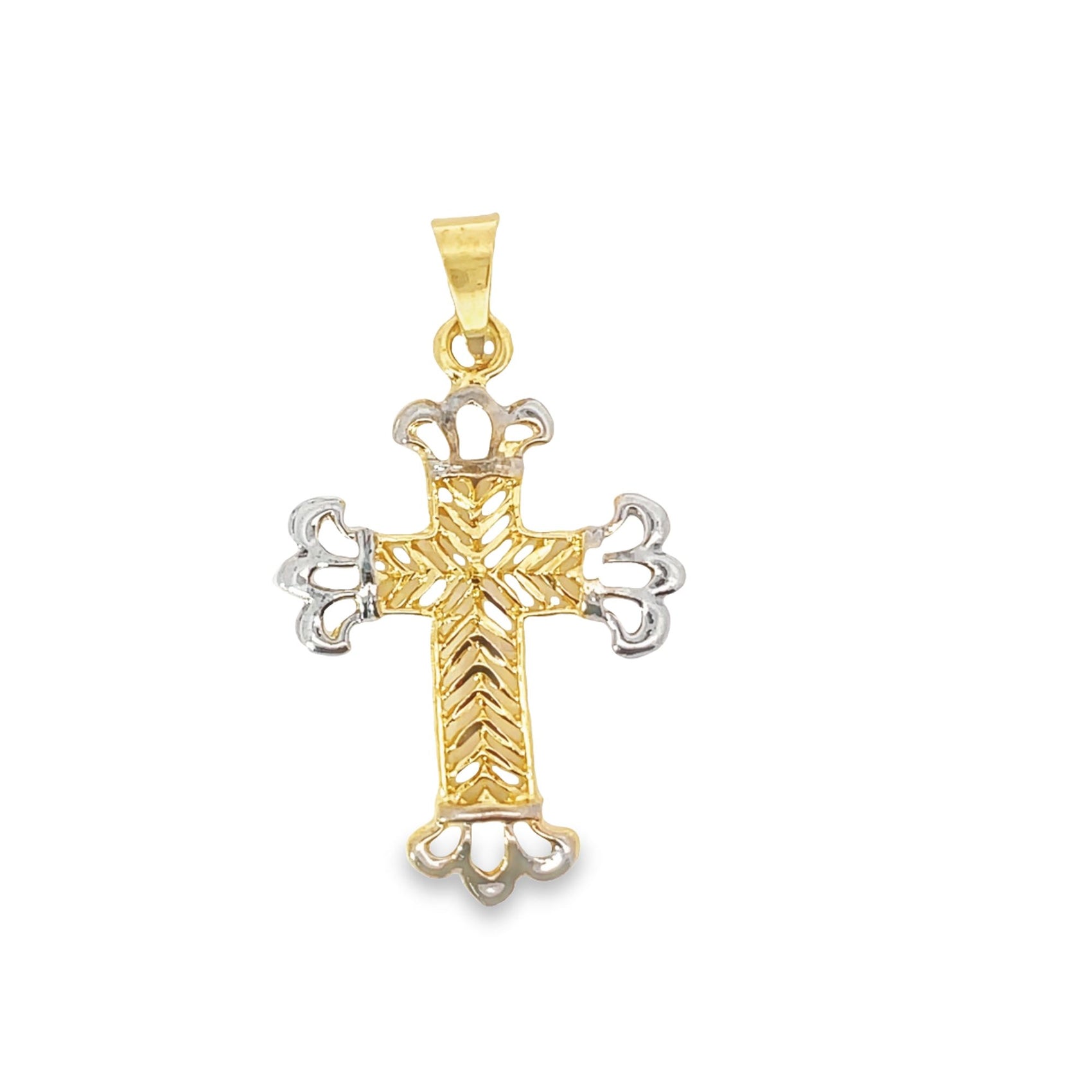 An intricate two-tone gold and silver cross pendant features detailed filigree work and chevron patterns.