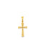 A polished gold cross pendant hangs against a clean white background.