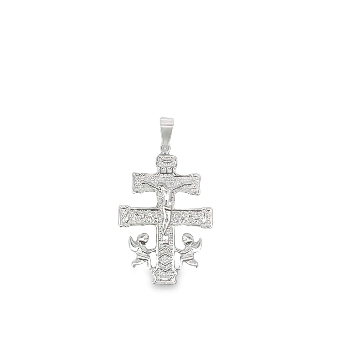 A sterling silver Eastern Orthodox crucifix pendant features intricate textured details of Jesus and two flanking angels against a clean white background.