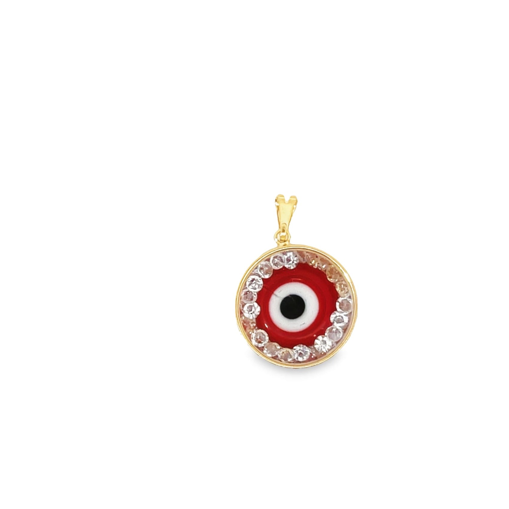 A gold evil eye pendant features a red and white enamel design surrounded by sparkling diamonds.