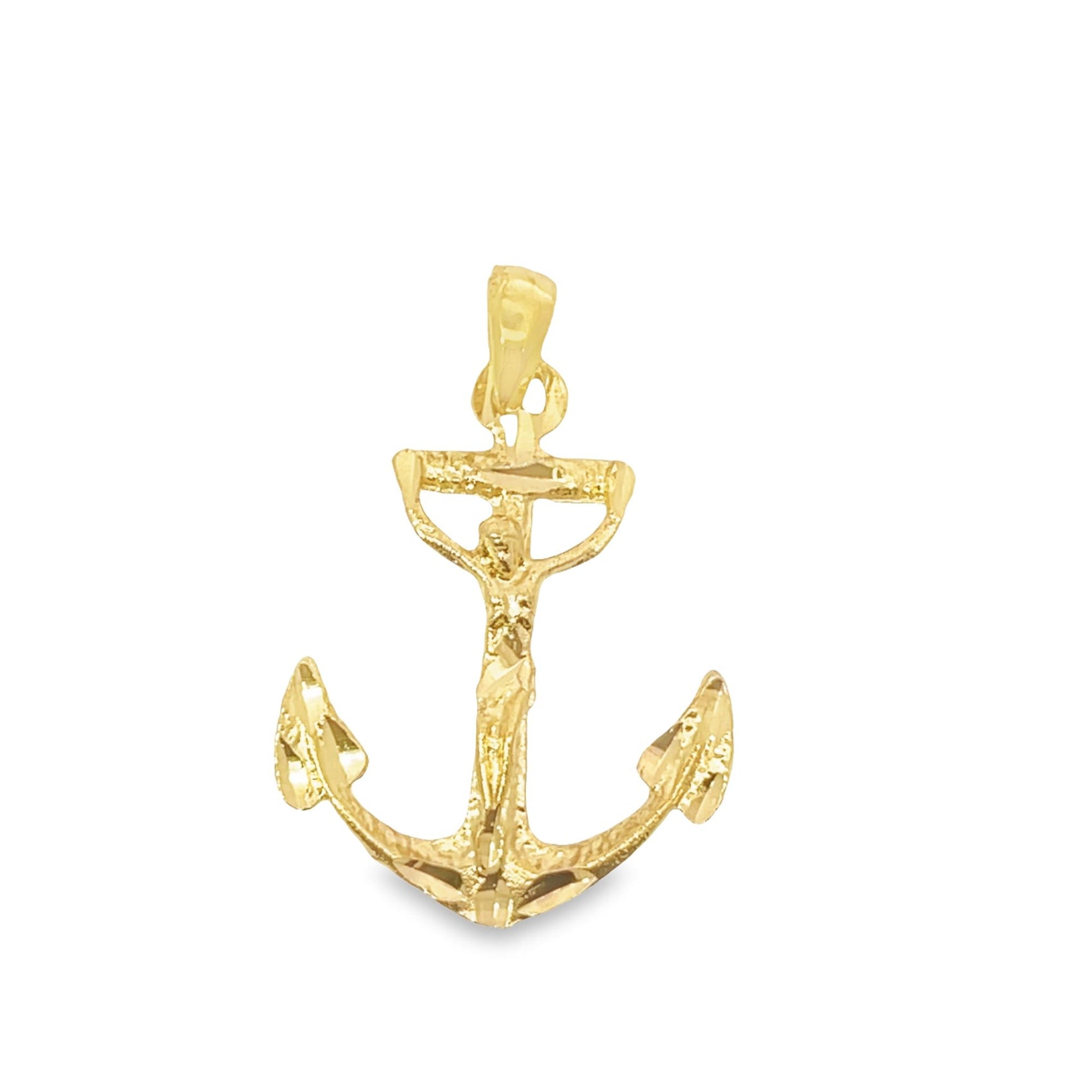 A polished gold pendant features an anchor intertwined with the figure of Jesus on the cross against a clean white background.