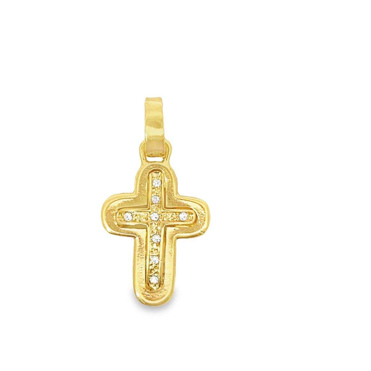 A gold cross pendant encrusted with sparkling diamonds shines against a plain white background.