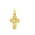 A gold cross pendant encrusted with sparkling diamonds shines against a plain white background.