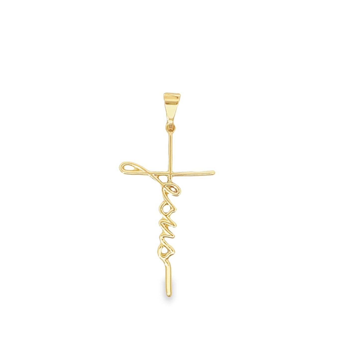 A polished yellow gold Jesus cross pendant features a stylized script spelling "Jesus" integrated vertically along the Christian crucifix against a clean white background.