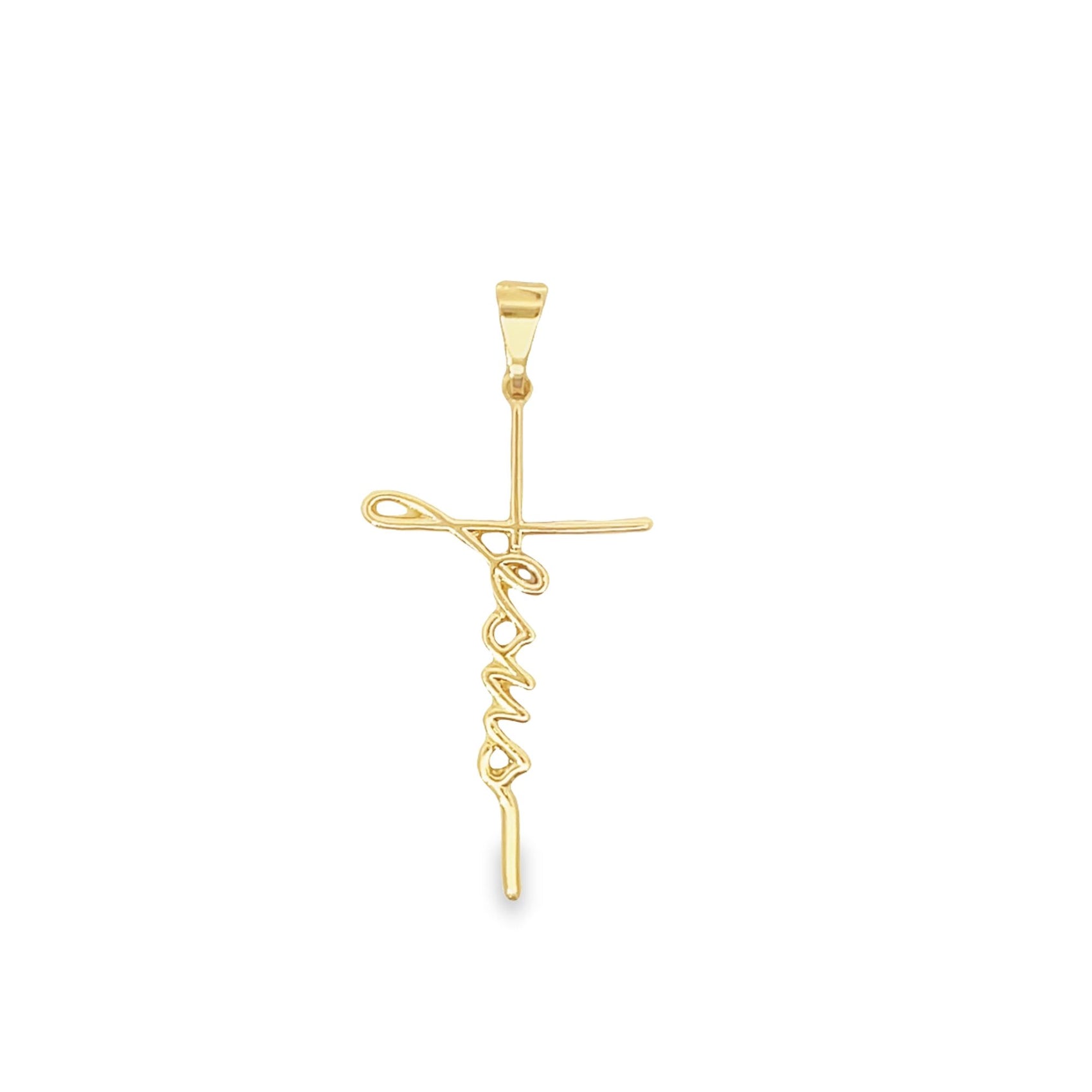 A polished yellow gold Jesus cross pendant features a stylized script spelling "Jesus" integrated vertically along the Christian crucifix against a clean white background.