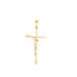 A polished yellow gold Jesus cross pendant features a stylized script spelling "Jesus" integrated vertically along the Christian crucifix against a clean white background.