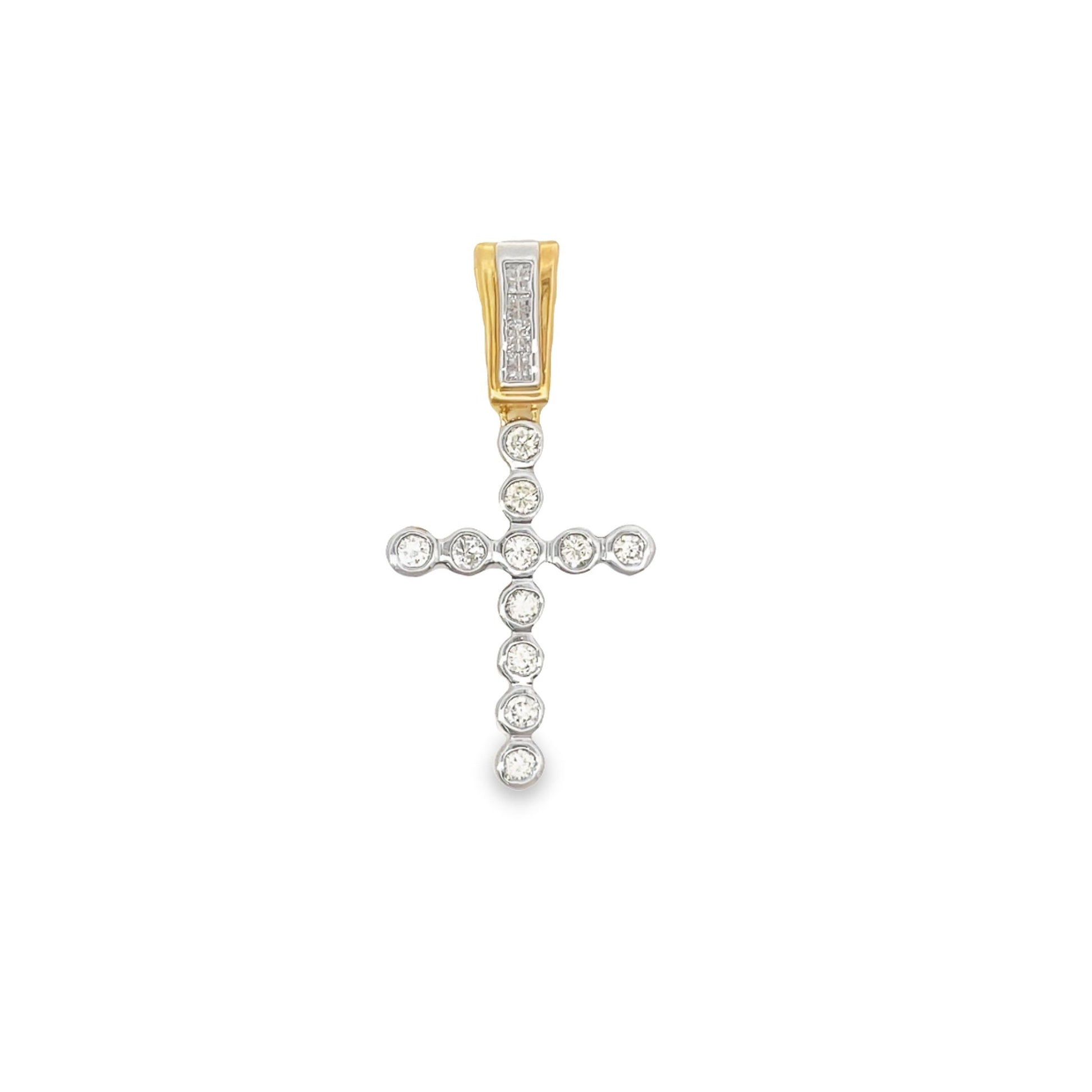 A diamond cross pendant sparkles against a plain white background.