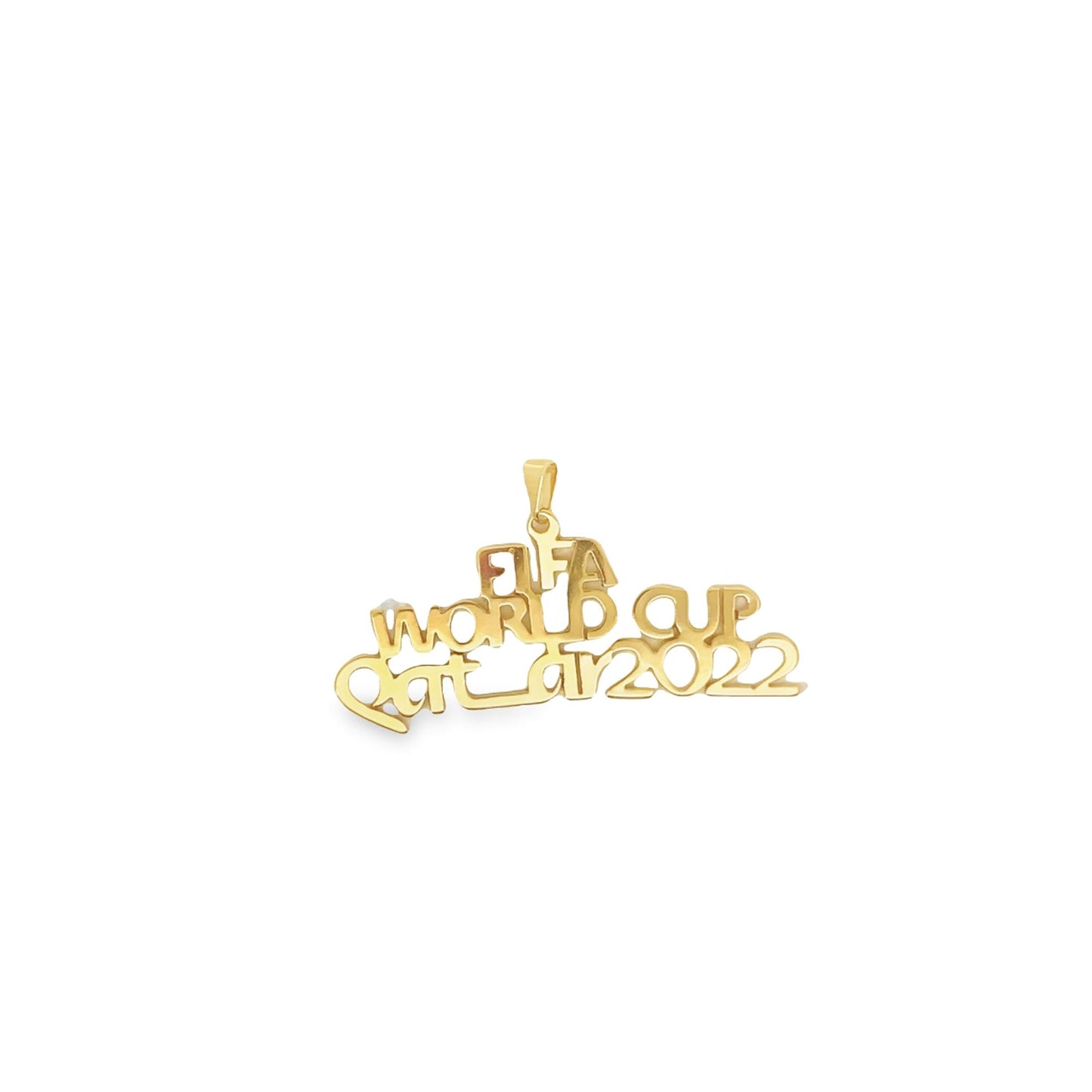 A polished gold pendant displays the text FIFA World Cup Qatar 2022 against a white background.