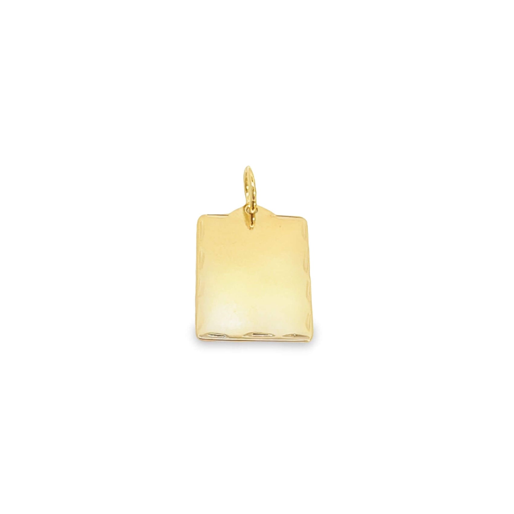 A polished yellow gold rectangular tag pendant hangs from a matching bail against a plain white background.