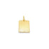 A polished yellow gold rectangular tag pendant hangs from a matching bail against a plain white background.