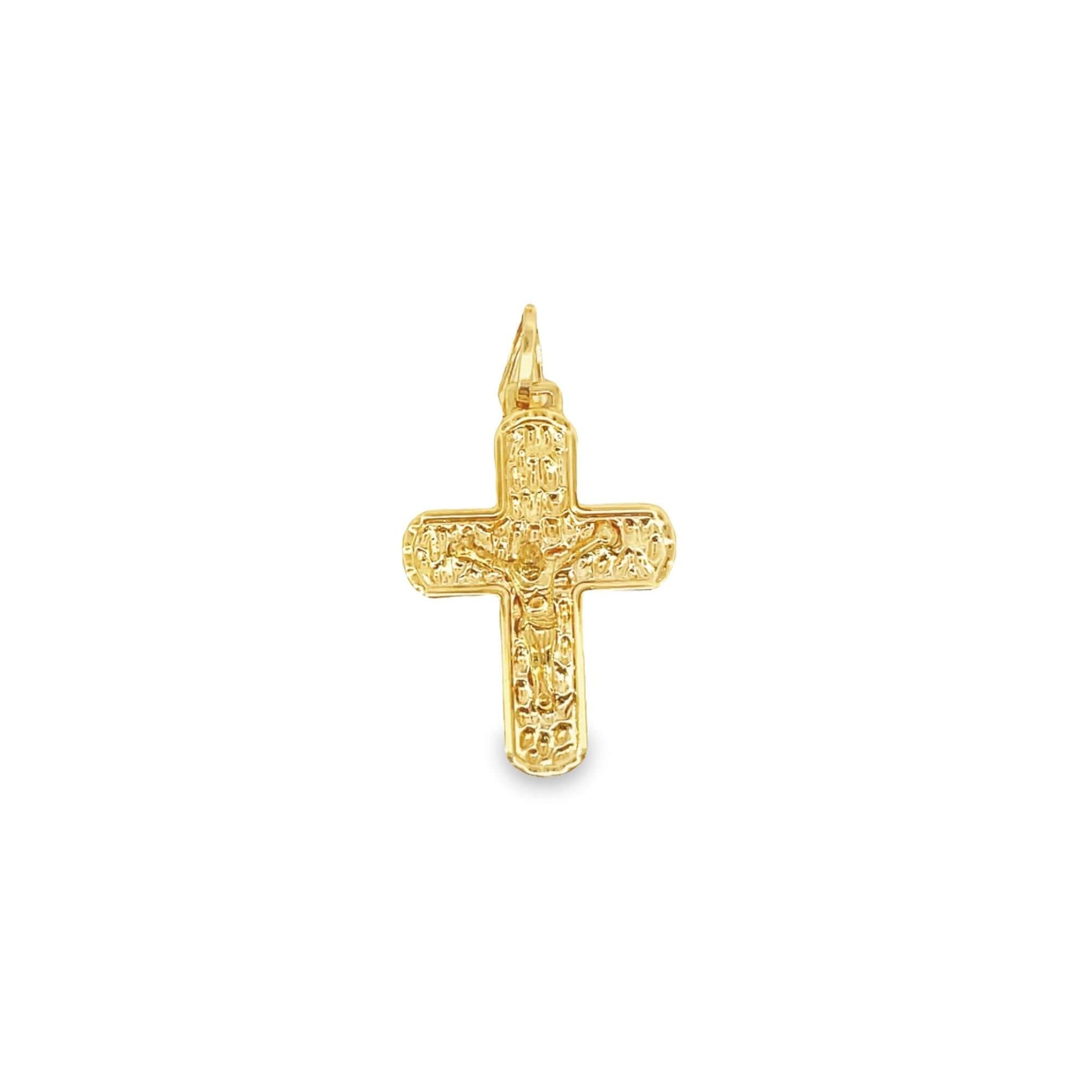 A detailed gold crucifix pendant features an ornate, textured design with a delicate depiction of Jesus Christ.