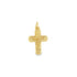 A detailed gold crucifix pendant features an ornate, textured design with a delicate depiction of Jesus Christ.
