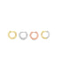 Four small gold, silver, rose gold, and mixed-metal huggie hoop earrings display their hinged clasps against a clean white background.