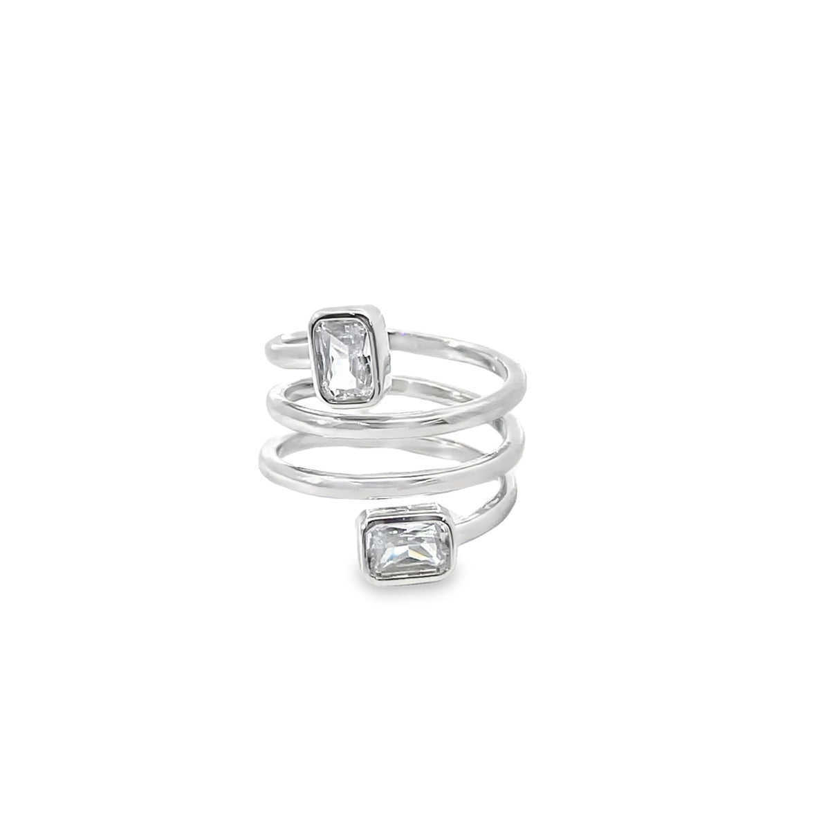 A sterling silver wrap ring spirals around with two sparkling rectangular cubic zirconia stones at each end.