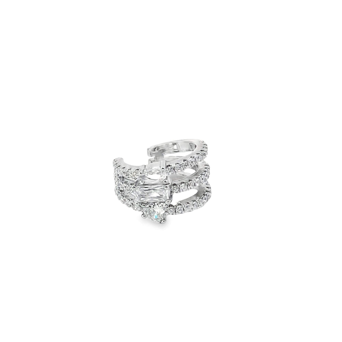 A shimmering silver triple-band ear cuff glistens against a plain white background, showcasing rows of sparkling cubic zirconia stones.