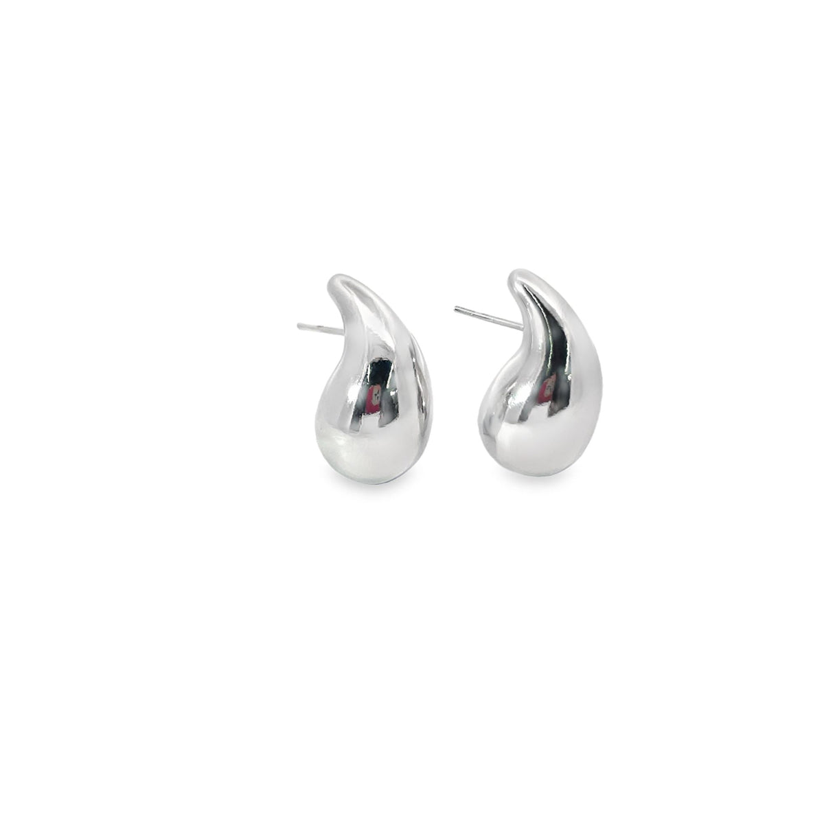 Two polished silver teardrop earrings gleam against a plain white background.