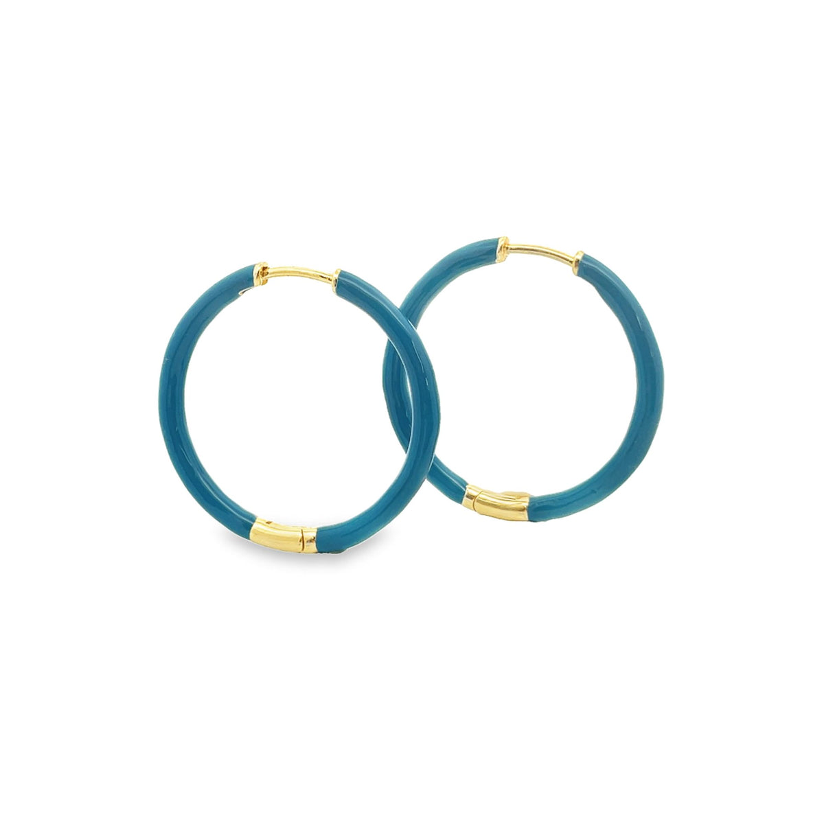 Two elegant gold hoop earrings feature vibrant blue enamel coating against a clean white background.