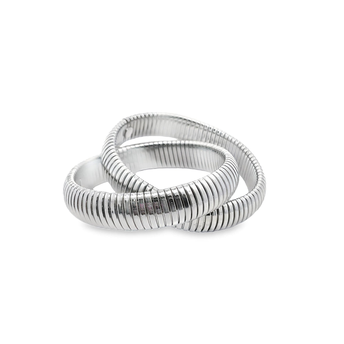 A polished silver snake chain ring rests against a clean white background.