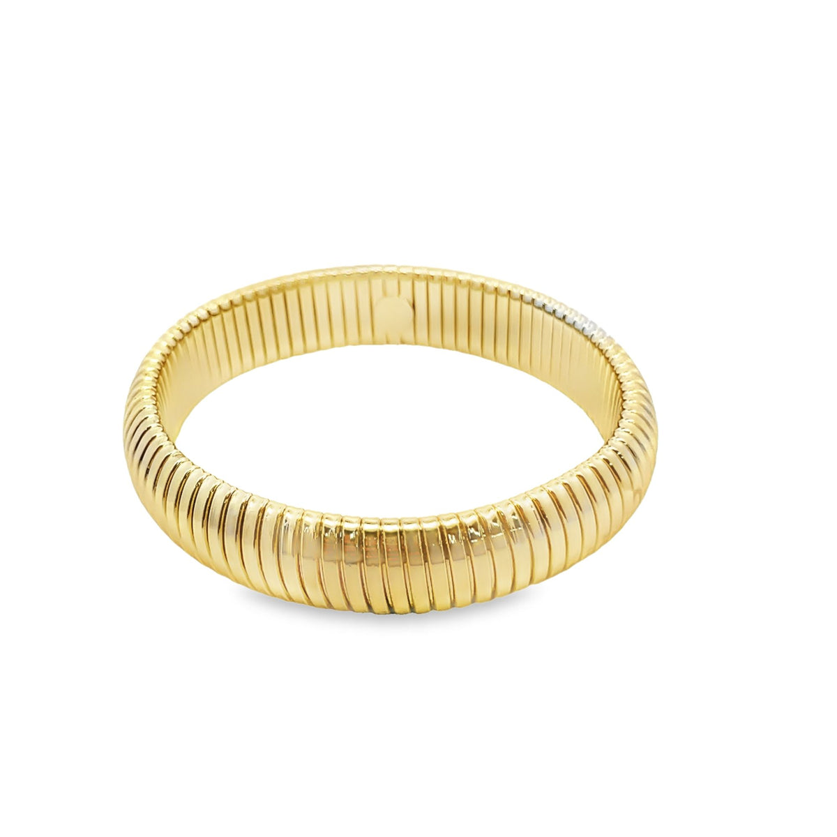 A polished gold snake chain ring gleams against a clean white background.