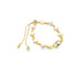 A gold evil eye slider bracelet features white pearls and gold beads against a clean white background.