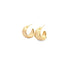 A pair of polished gold hoop earrings rests against a clean white background.