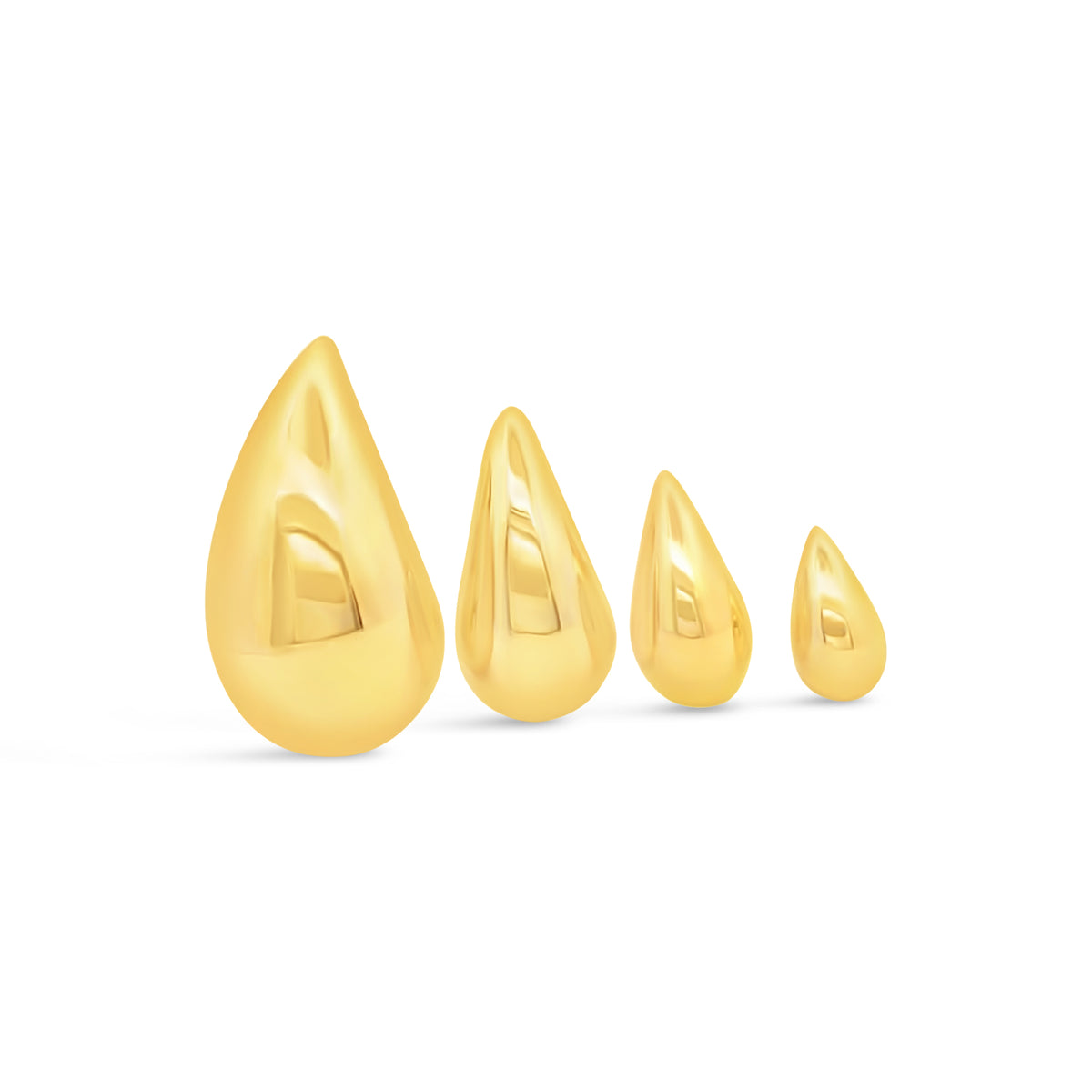 Four polished gold teardrop charms gleam in a descending size order against a white background.