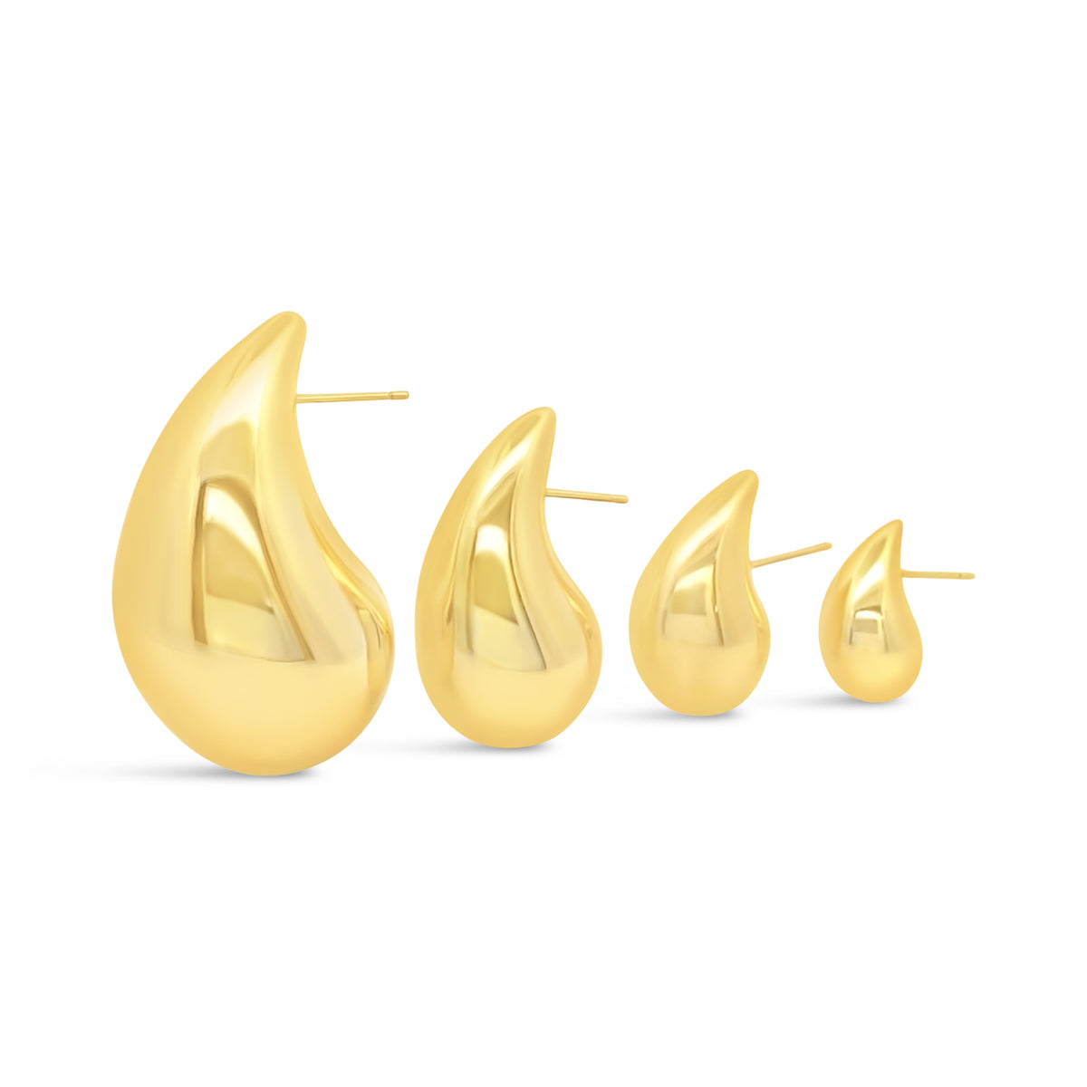 A row of four glossy gold teardrop stud earrings displays a graduating size sequence from largest to smallest.