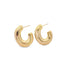 A pair of chunky gold hoop earrings rests against a clean white background.