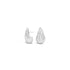 A pair of ribbed silver teardrop earrings rests against a white background.