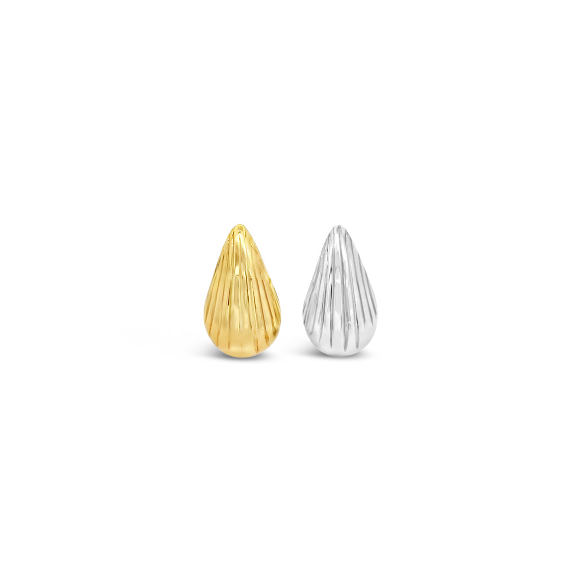 Two teardrop-shaped earrings, one in polished gold and one in silver, rest side by side on a clean white surface.
