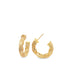 A pair of twisted gold hoop earrings rests against a clean white background.