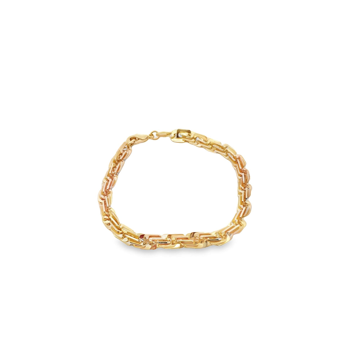 A polished multi-tone gold link bracelet rests in a circle on a clean white background.