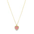 A delicate gold chain necklace dangles, featuring a charming pink enamel heart pendant edged with sparkling pave crystals.