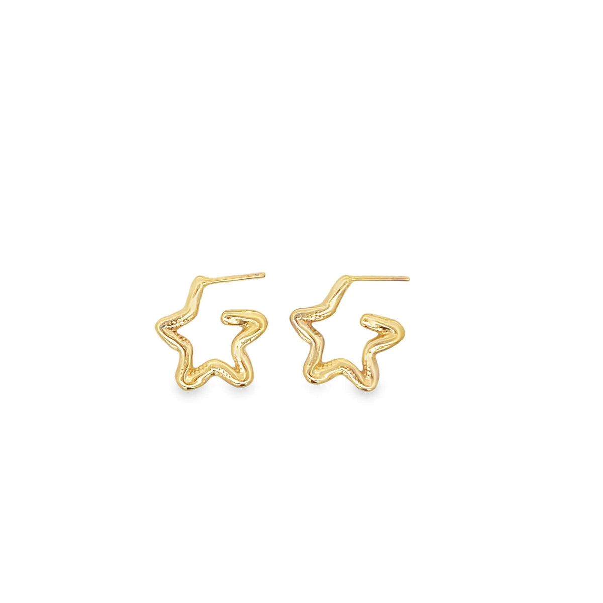A pair of gold star-shaped hoop earrings rests against a clean white background.