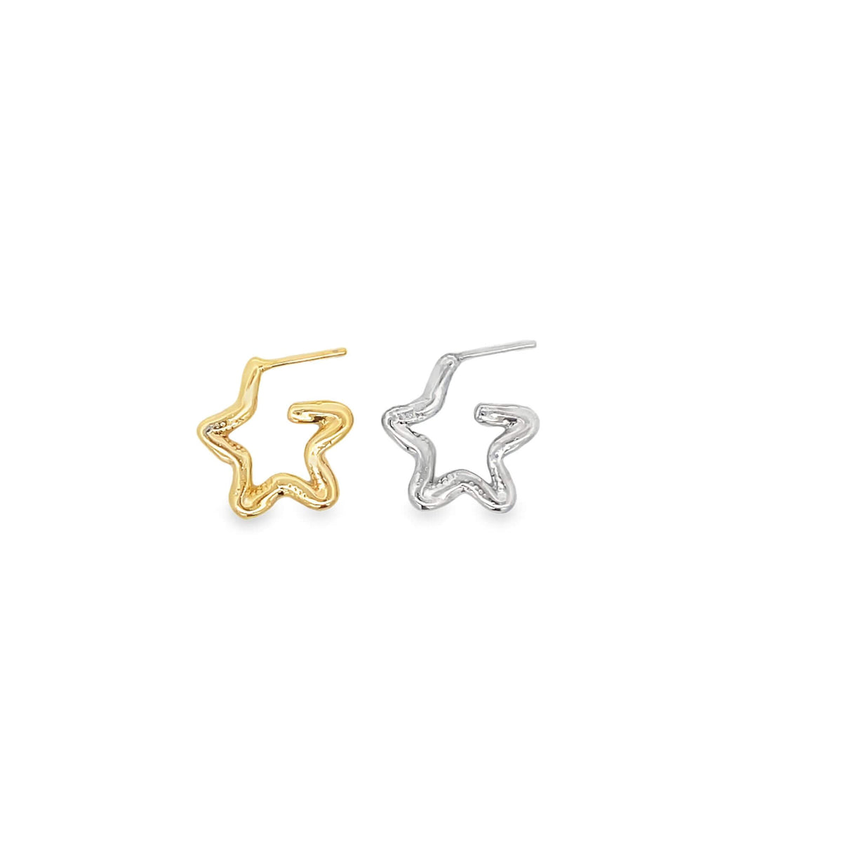 A pair of melted star-shaped stud earrings displays a gold finish on the left and a silver finish on the right against a plain white background.