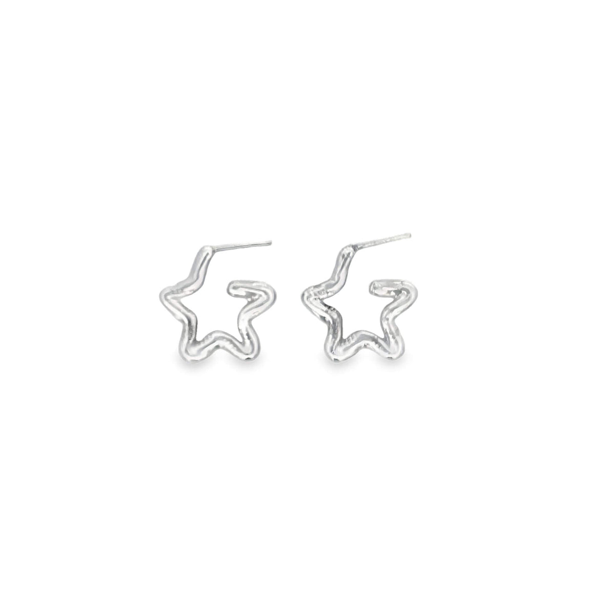 A pair of gleaming silver star-shaped hoop earrings rests against a clean white background.
