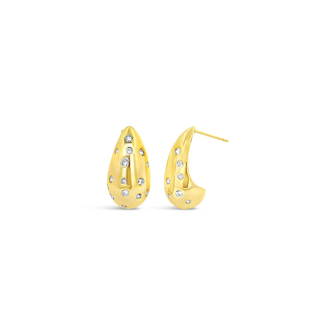 A pair of gold teardrop earrings studded with sparkling diamonds displays against a clean white background.