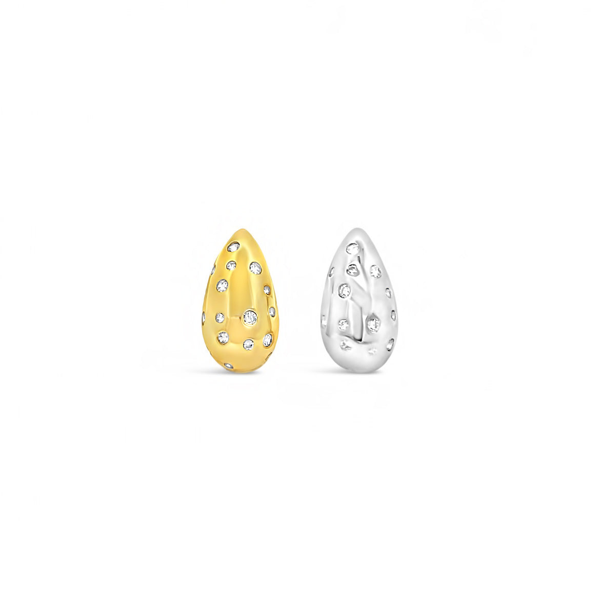 A pair of teardrop-shaped stud earrings, one in yellow gold and one in silver, features scattered pavé diamonds against a clean white background.