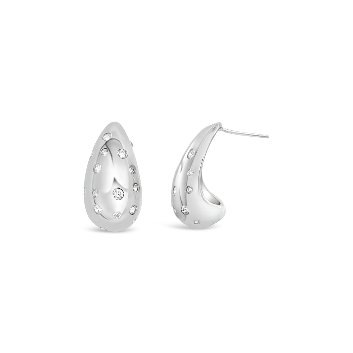 A pair of silver teardrop hoop earrings feature flush-set sparkling diamonds scattered across their polished surfaces.