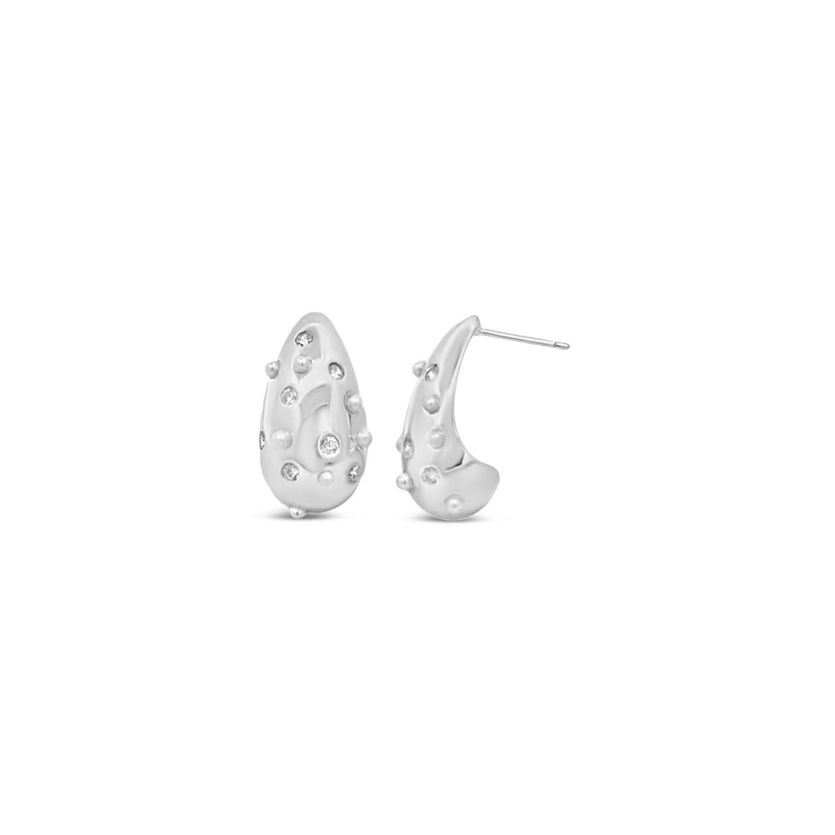 A pair of textured silver drop earrings feature organic, melted-looking designs studded with small sparkling diamonds and raised metal dots against a plain white background.
